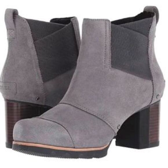 Sorel Addington Waterproof Grey Suede Block Heel Ankle Booties Size 6.5 - Picture 1 of 8